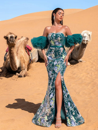 Luxury Strapless Ruffle Sleeve Mermaid Hem Floral Beaded Seuqin Evening Dress — authorized product image 3