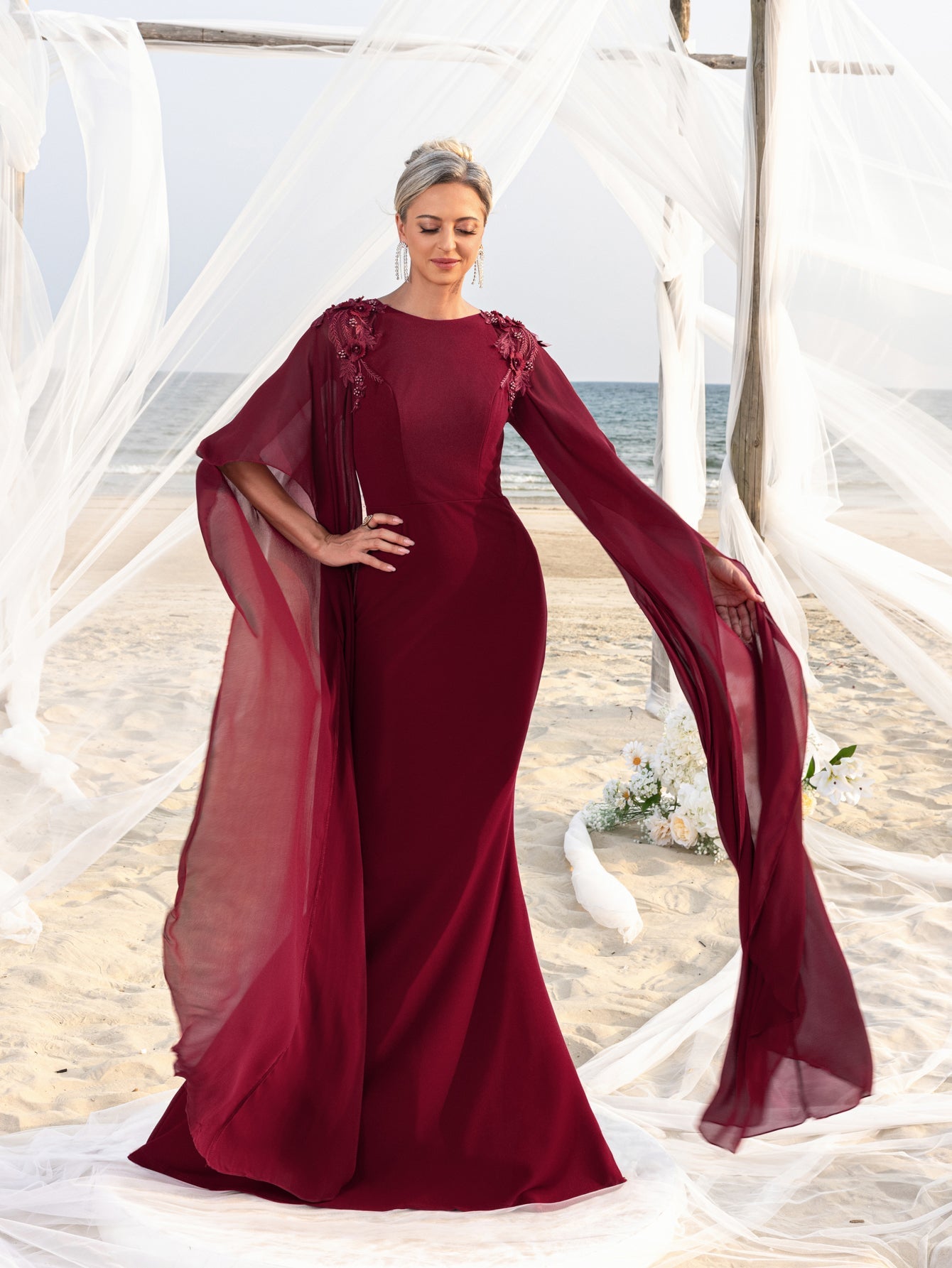 Mother-of-the-Bride Round Neck Chiffon Appliqué Half-Sleeve Mermaid Evening Gown — authorized product image 4