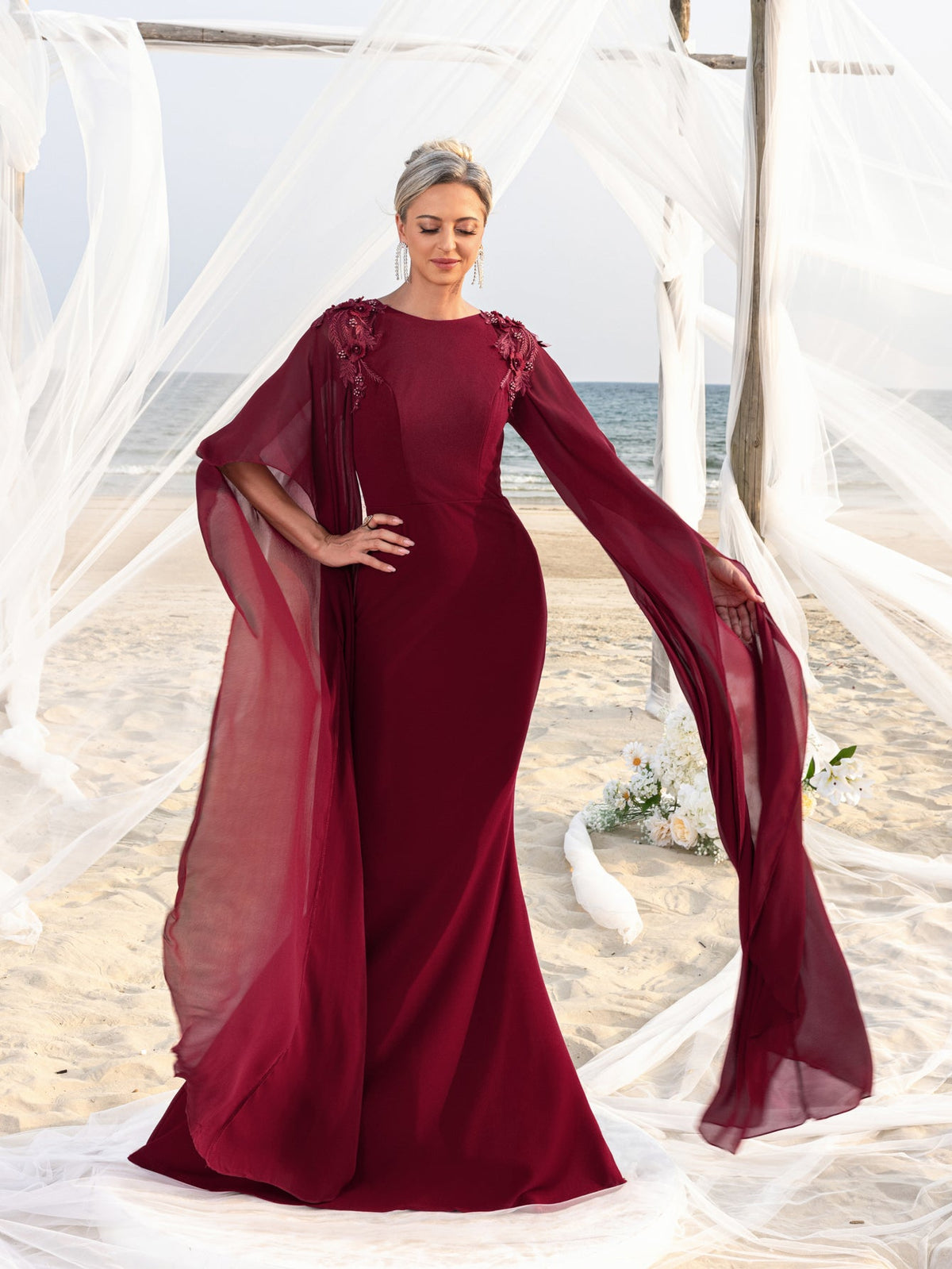 Mother-of-the-Bride Round Neck Chiffon Appliqué Half-Sleeve Mermaid Evening Gown — authorized product image 4