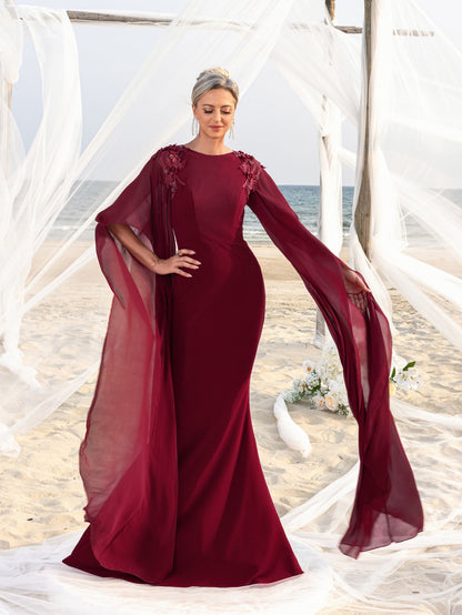 Mother-of-the-Bride Round Neck Chiffon Appliqué Half-Sleeve Mermaid Evening Gown — authorized product image 4