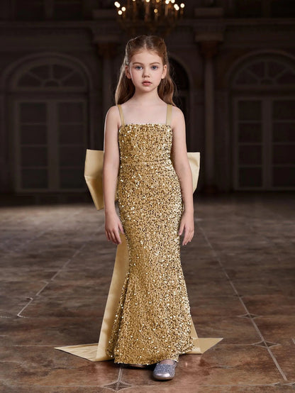 Square-Neck Sequin Mermaid Sleeveless Maxi Tween Girls' Party Dress in Champagne