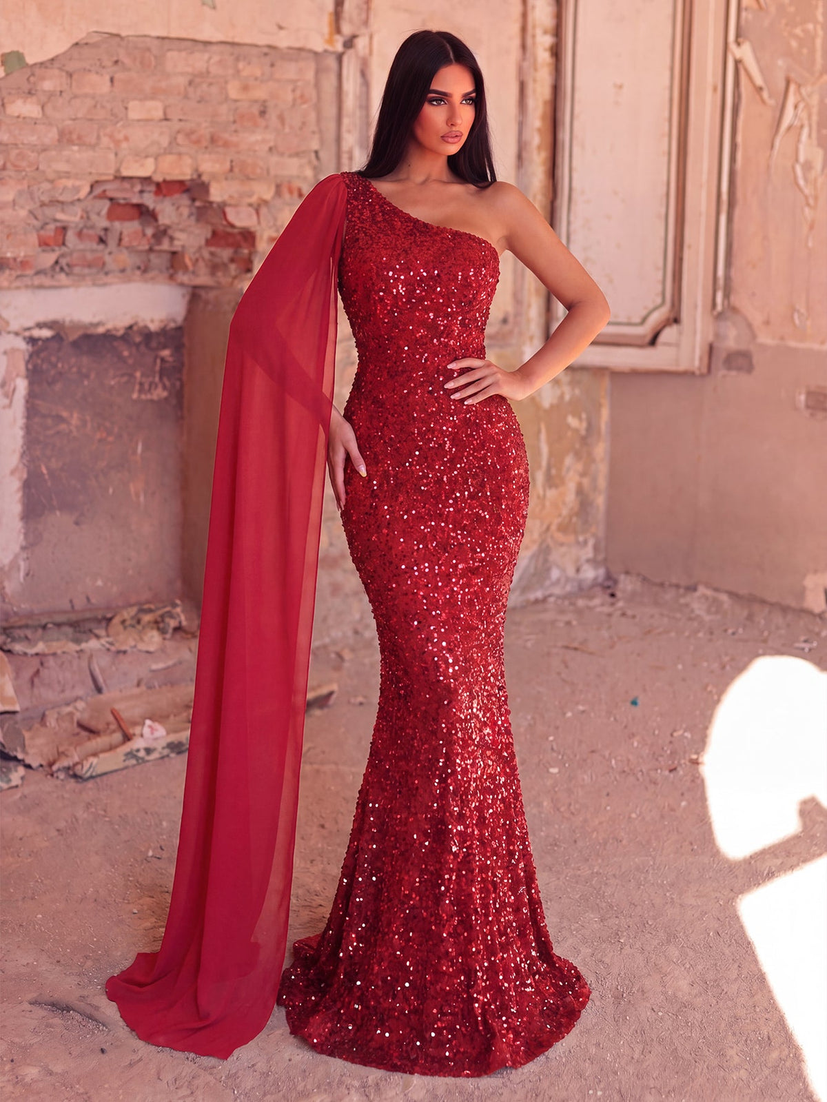 Elegant Sequin One Shoulder Sash Prom Dresses
