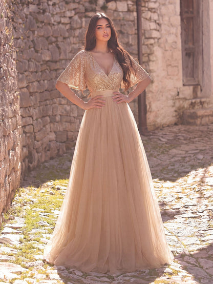 Additional product view of Surplice-Neck V-Neck Mesh Sequin A-Line Evening Gown