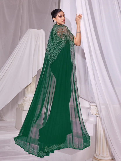 Rhinestone Detail Mock Neck Mermaid Hem Formal Cape Evening Dress in Dark Green