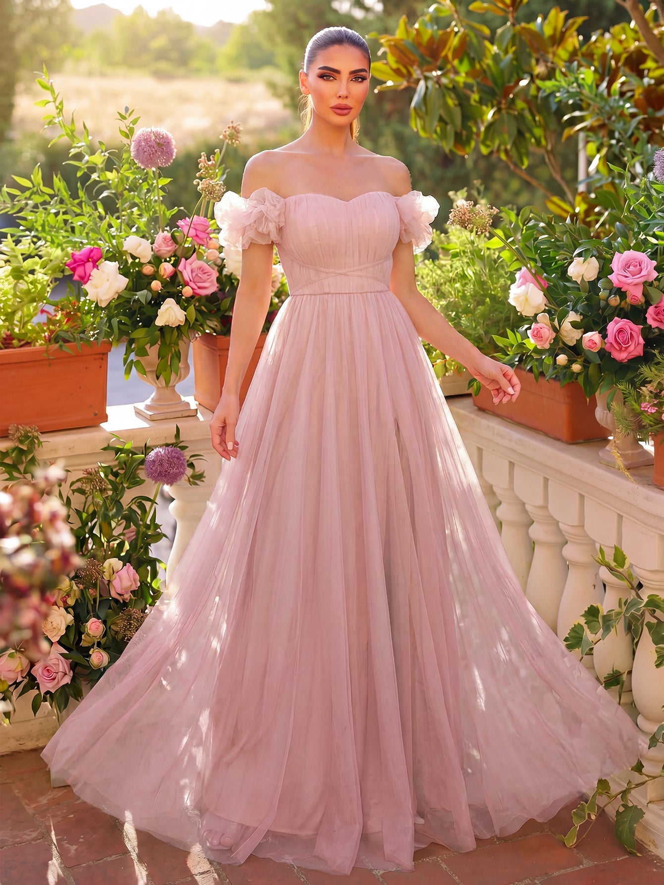 Elegant Off Shoulder Ruched Bust Split Thigh Tulle Evening Dress