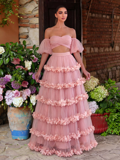 Off Shoulder Puff Sleeve Crop Top & Frill Trim Mesh Skirt – authorized supplier view 3