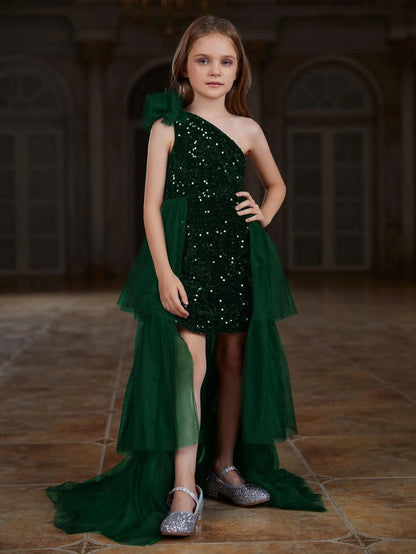 Alternate view of Layered Hem One-Shoulder Sequin A-Line Sleeveless Tween Girls' Party Dress in Dark Green