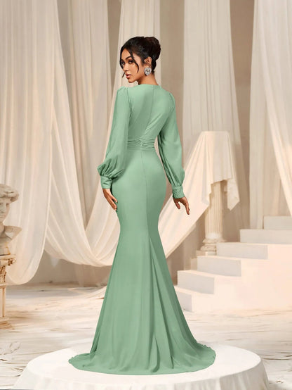 Additional product view of Surplice-Neck V-Neck Chiffon Mermaid Long-Sleeve Evening Gown