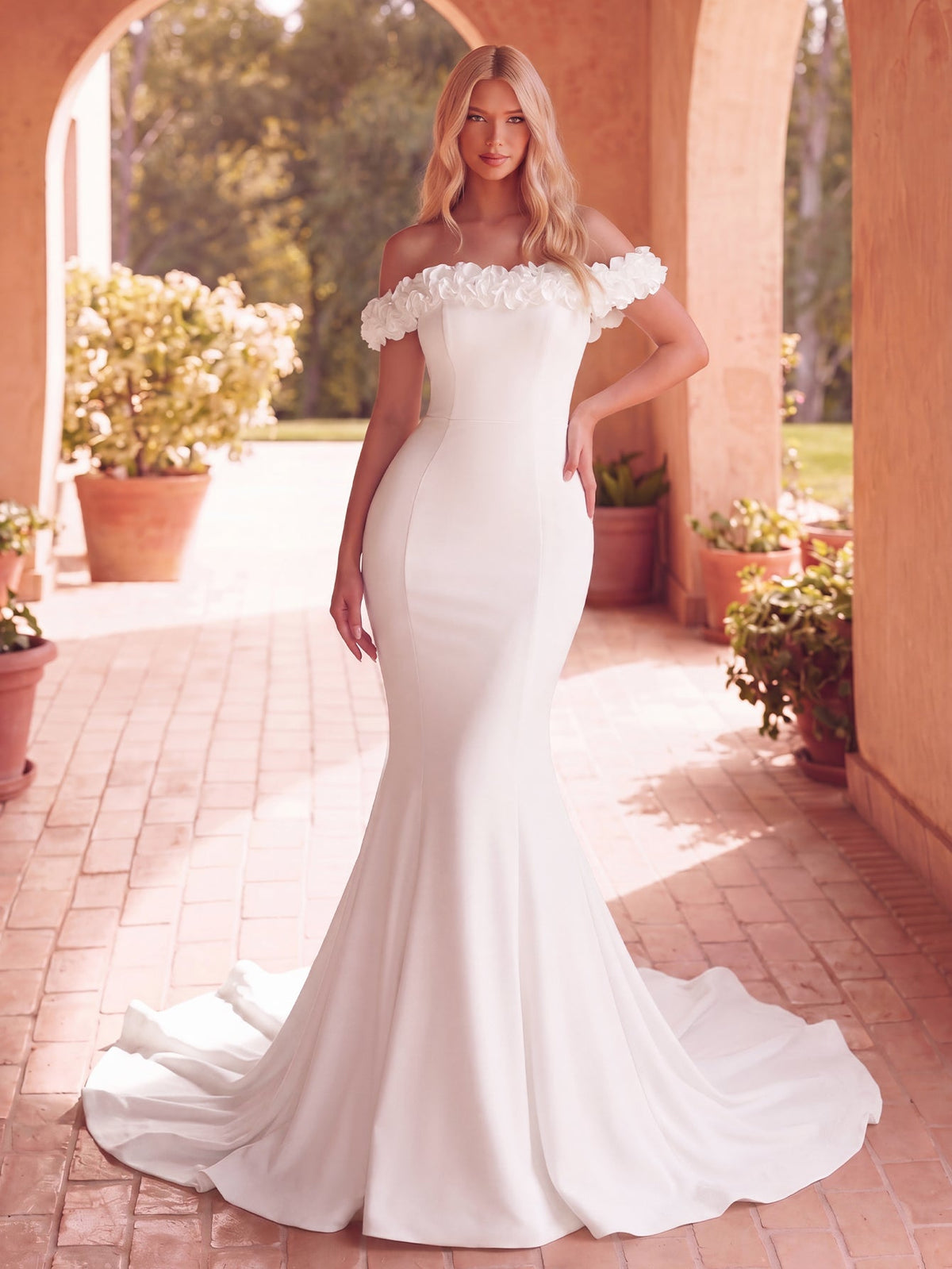 Additional product view of Ruffle Trim Mermaid Hem Knit Off-Shoulder Short-Sleeve Wedding Dress