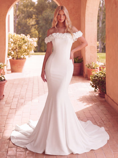 Additional product view of Ruffle Trim Mermaid Hem Knit Off-Shoulder Short-Sleeve Wedding Dress