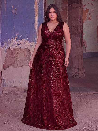 Plus Floral Sequin V Neck Sleeveless A-Line Formal Dress