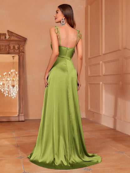 Elegant Tie Shoulder Satin Bridesmaid Dress – view 20