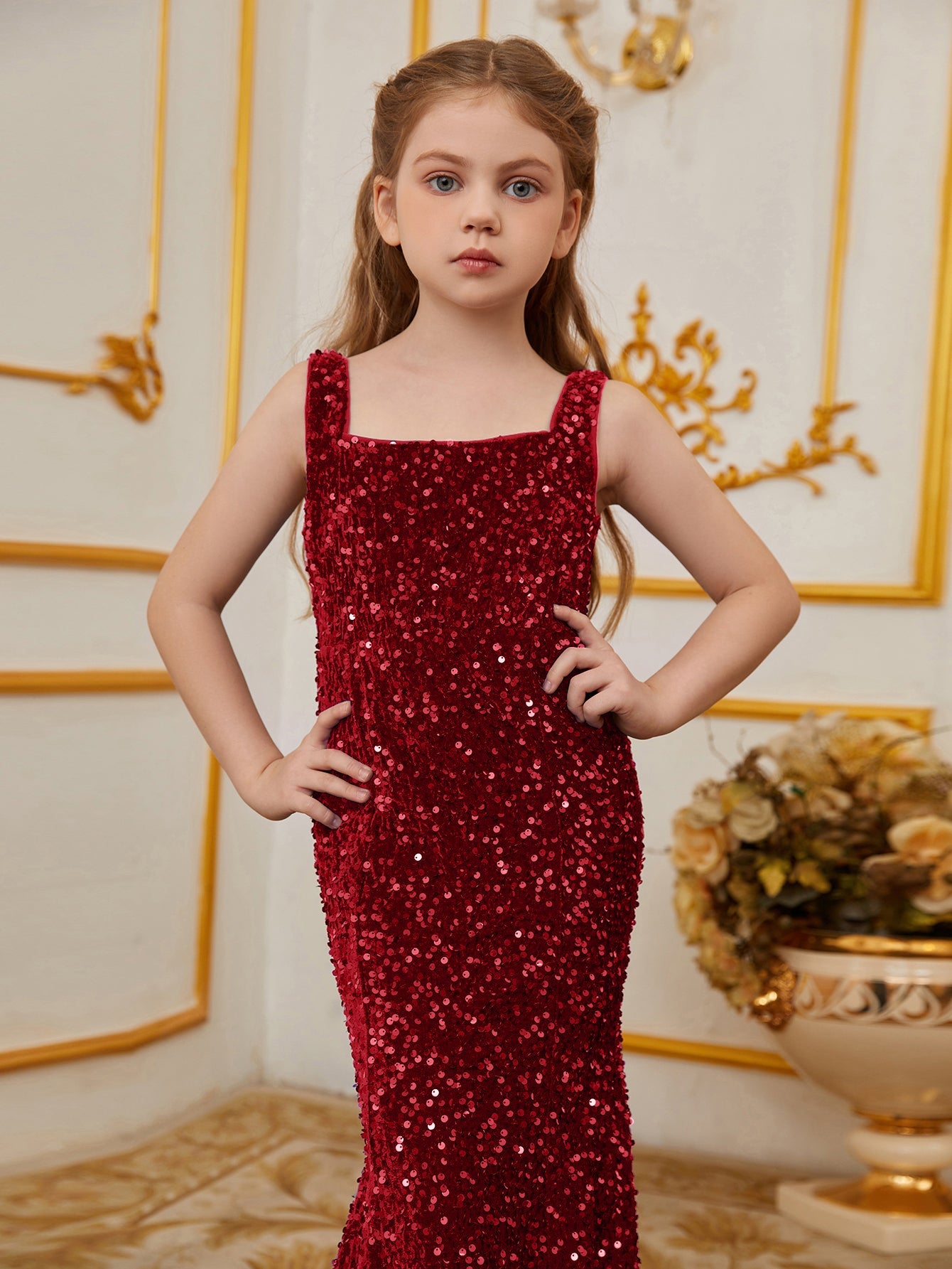 Additional product view of Mermaid Hem Square-Neck Sequin Sleeveless Maxi Tween Girls' Party Dress
