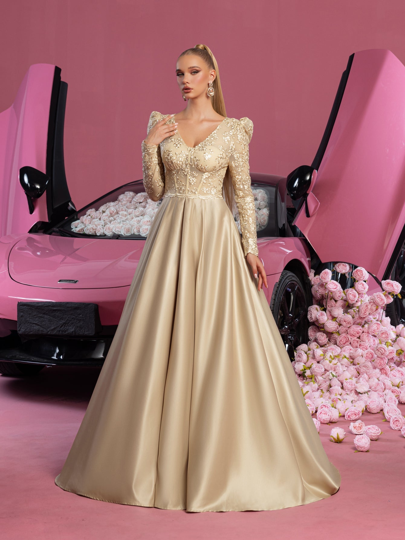 Elegant V Neck Lace Bodice Satin A-line Prom Dress