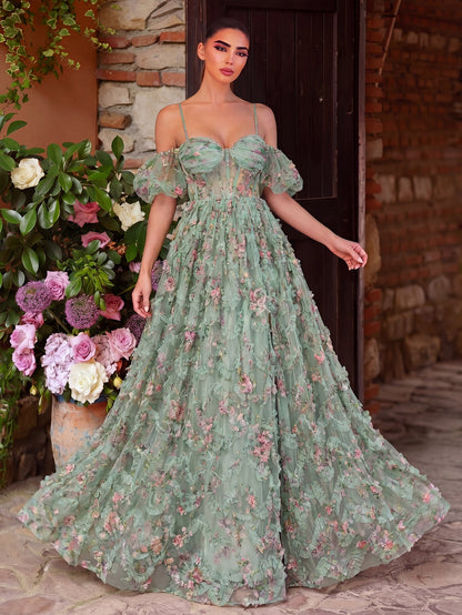 Floral Tulle Off Shoulder Cascading Ruffle Hem Slip Prom Dress