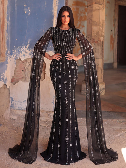 Round Neck Rhinestone Long-Sleeve Mermaid Evening Gown — authorized product image 3