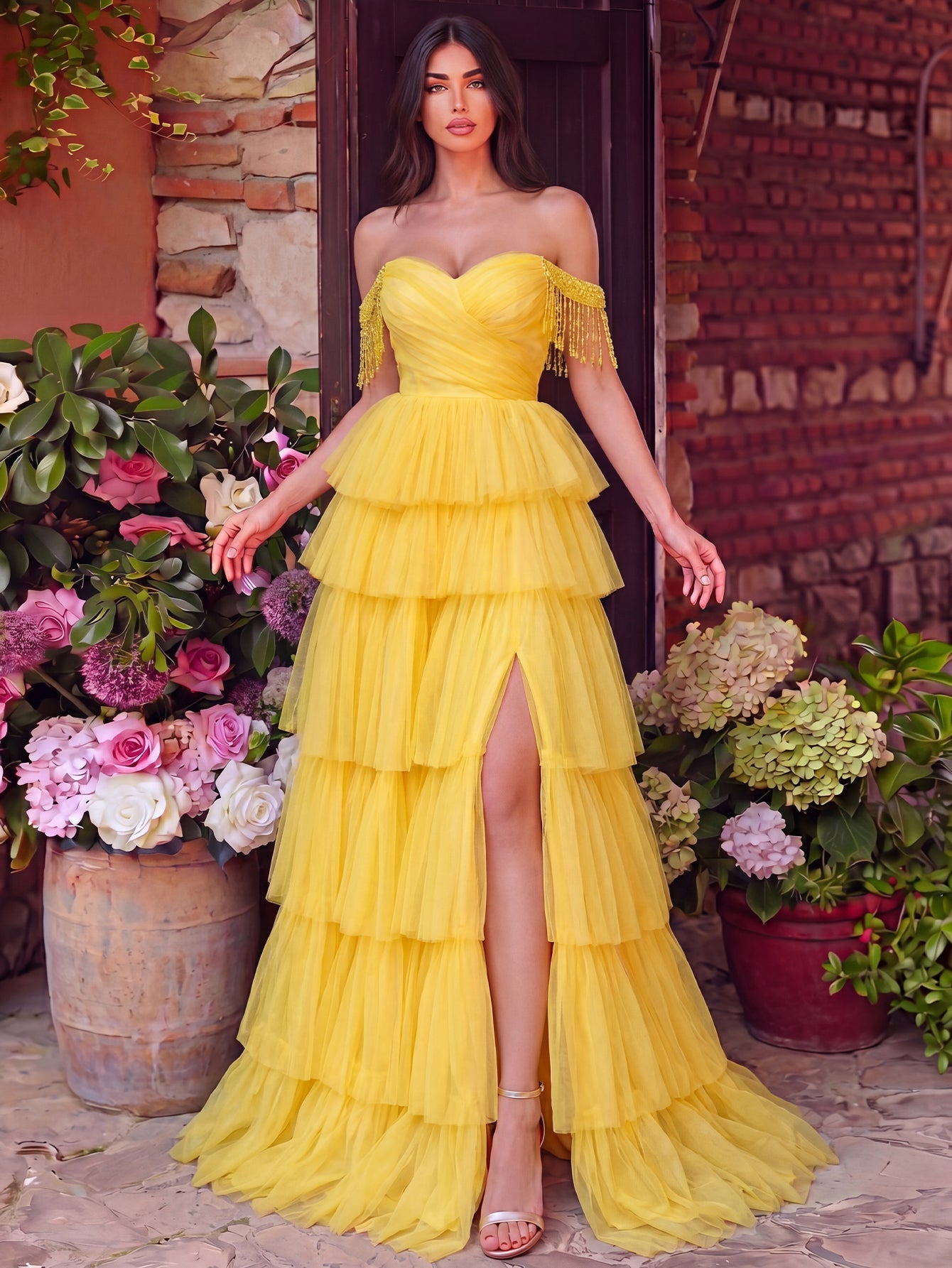 Fringed Detail Off-Shoulder Layered Hem Tulle Prom Dress — authorized product image 1
