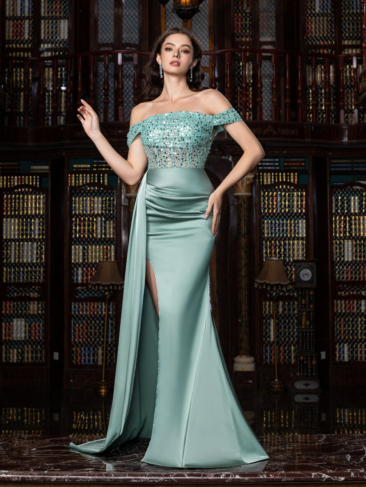 Elegant Off-Shoulder Gown with High Slit & Beaded Bodice – Luxury Satin Evening Wear for Red Carpet, Formal Galas & Luxury Weddings, XS-XL