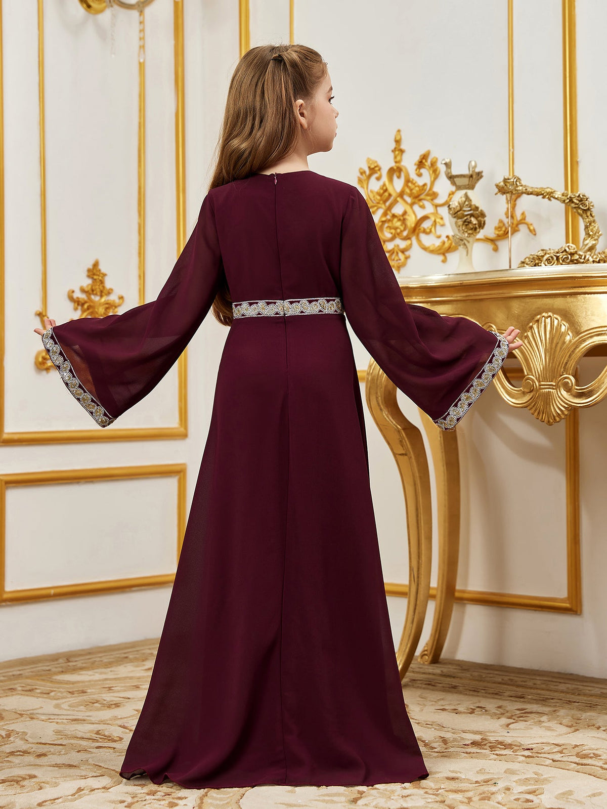 Tween Girls' Lace Trim Decoration V-neck Flare Sleeve Chiffon Party Dress — authorized product image 2
