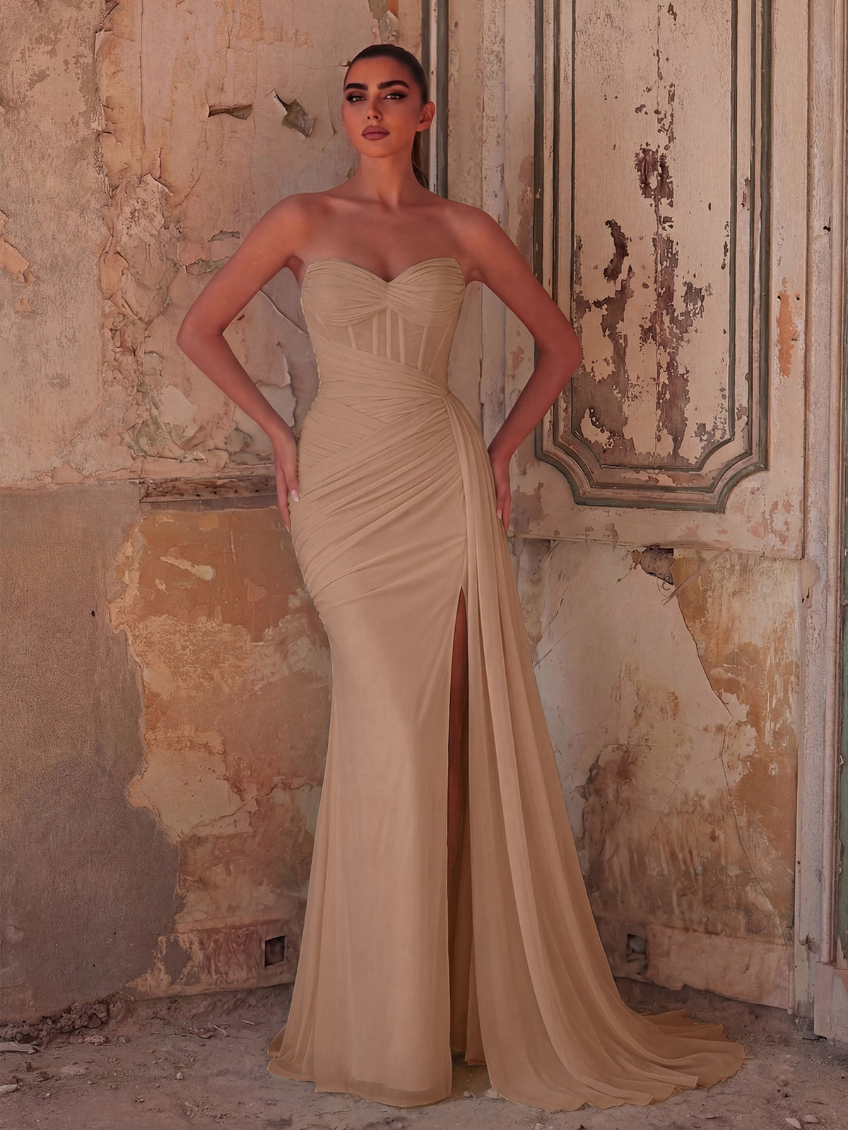 Elegant Strapless Sweetheart Neckline Mermaid Gown with Ruched Bodice, High Front Slit and Corset Back Lace-Up Detail | Evening Dress for Girls, Weddings, Formal Events