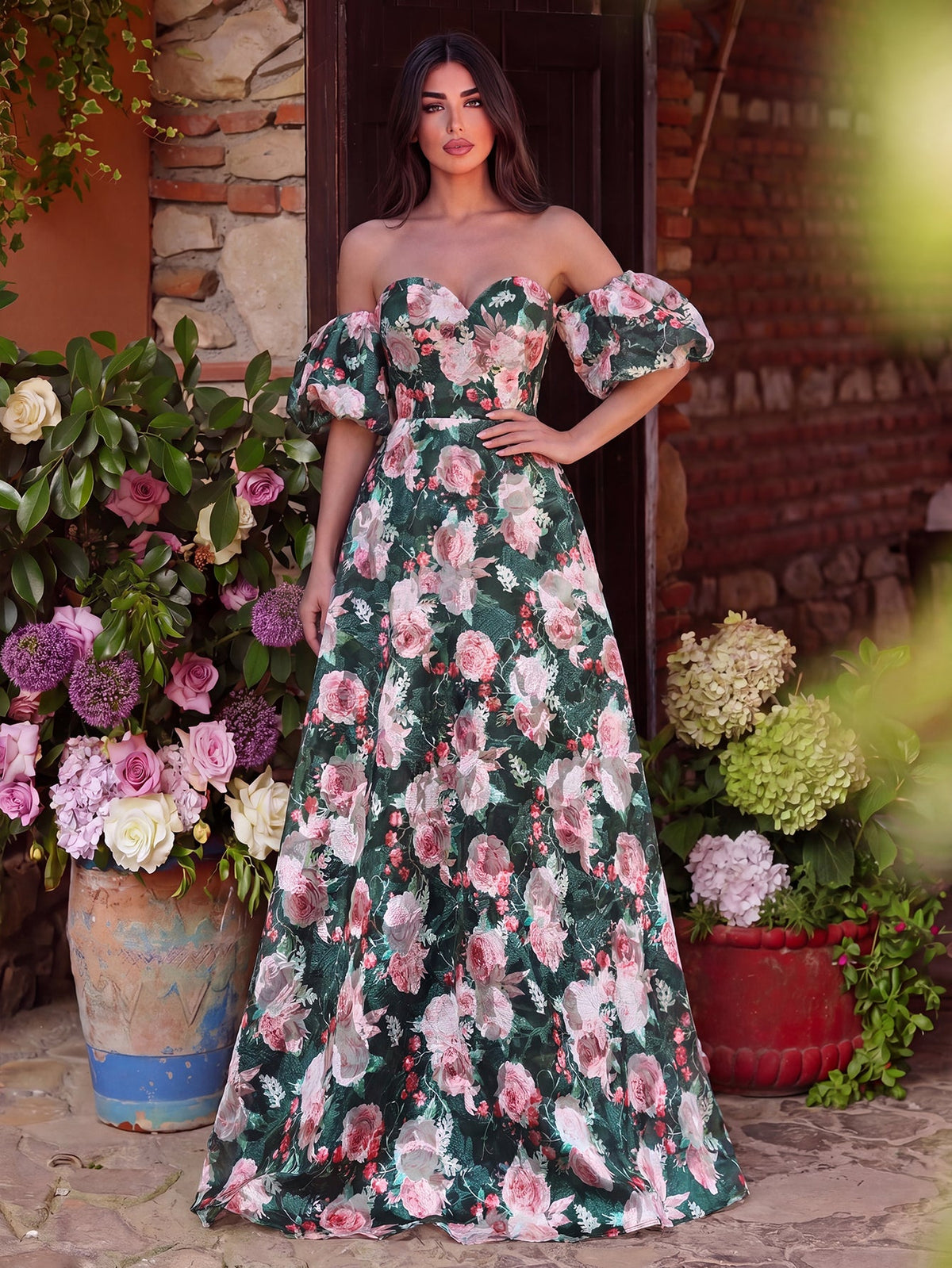 Floral Jacquard Off-Shoulder Puff Sleeve Prom Dress — authorized product image 3