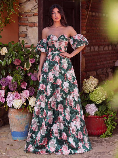 Floral Jacquard Off-Shoulder Puff Sleeve Prom Dress — authorized product image 3
