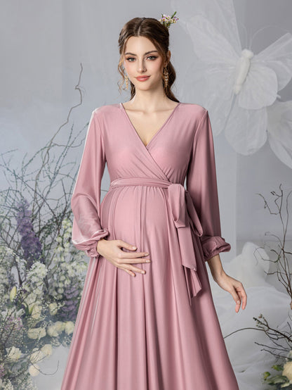 Maternity V-Neck Bow Long-Sleeve A-Line Evening Gown — authorized product image 12