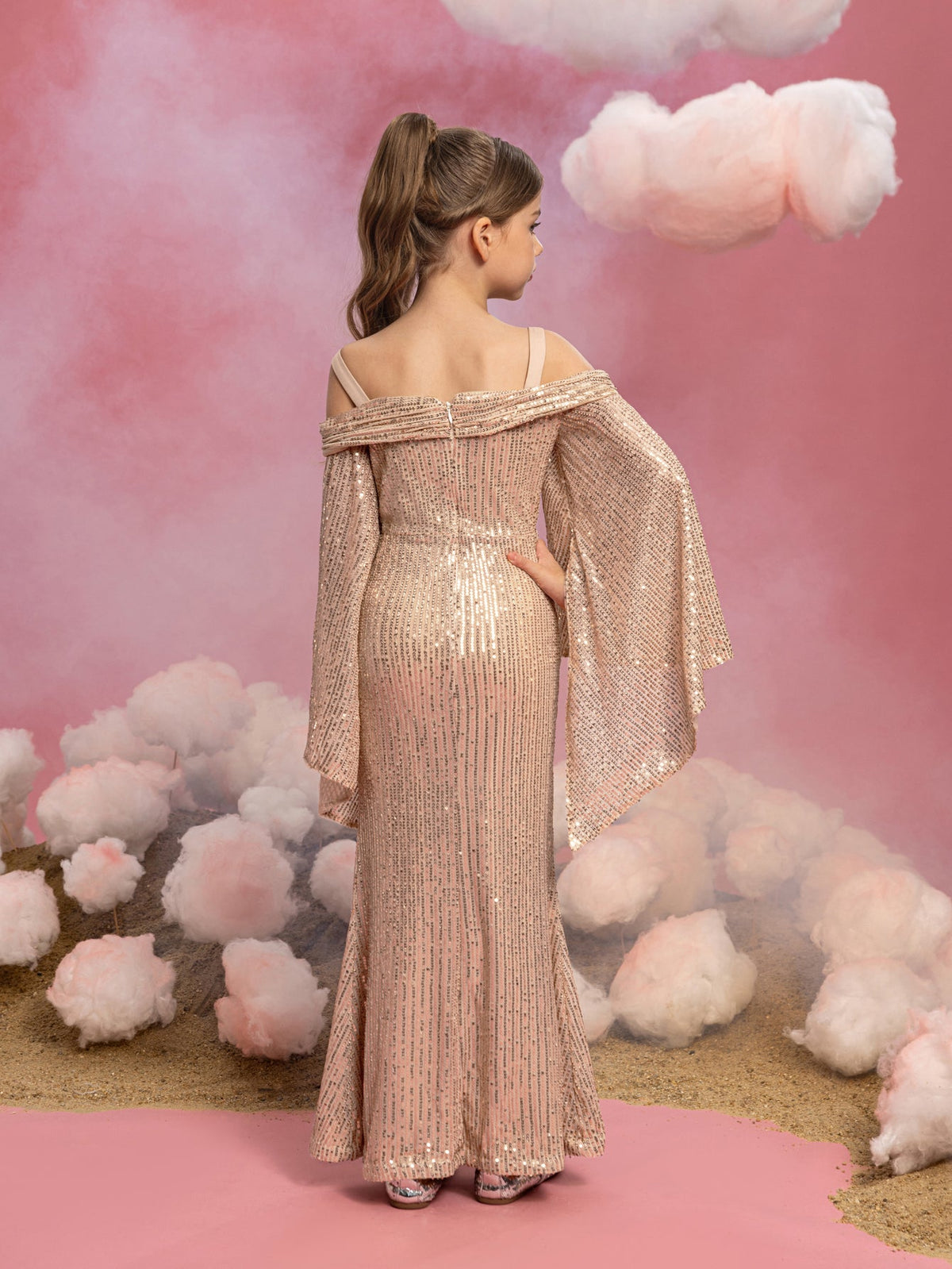 Additional product view of Cold-Shoulder Flare-Sleeve Off-Shoulder Sequin Mermaid Tween Girls' Party Dress