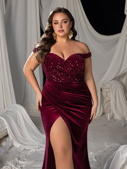 Plus Size Off-Shoulder Velvet Mermaid Gown with High Slit - product image 6