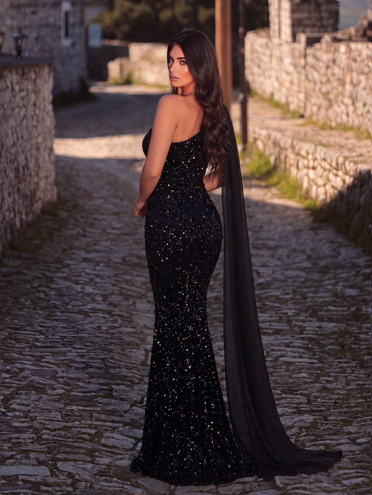 Elegant Sequin One Shoulder Sash Prom Dresses