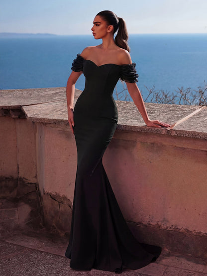 Alternate view of Mermaid Hem Knit Off-Shoulder Short-Sleeve Maxi Wedding Dress in Black