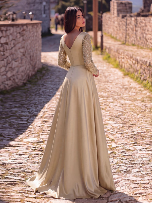 Sequin Evening Gown with Sheer Long Sleeves, Deep V-Neck & Back V-Cut | Elegant High Slit Formal Dress for Special Occasions