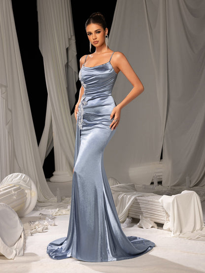 Spaghetti Strap Satin Sleeveless Bodycon Evening Gown — authorized product image 4