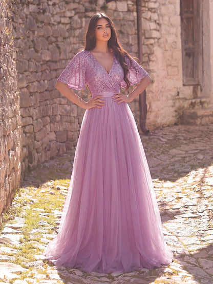 Additional product view of Surplice-Neck V-Neck Mesh Sequin A-Line Evening Gown