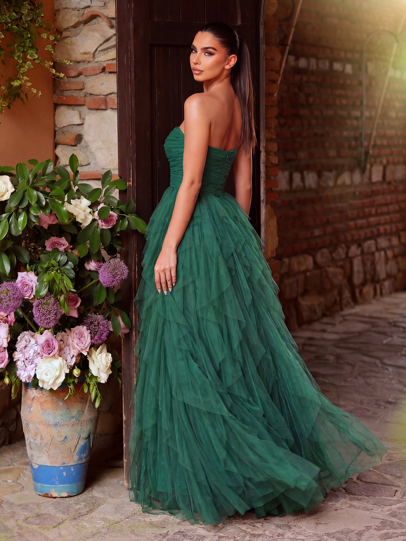 Elegant Strapless Mesh Overlay Formal Party Dress