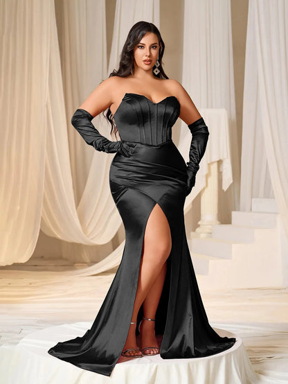 Plus Ruched Wrap Hem Satin Tube Prom Dress（Gloves Included） – view 10