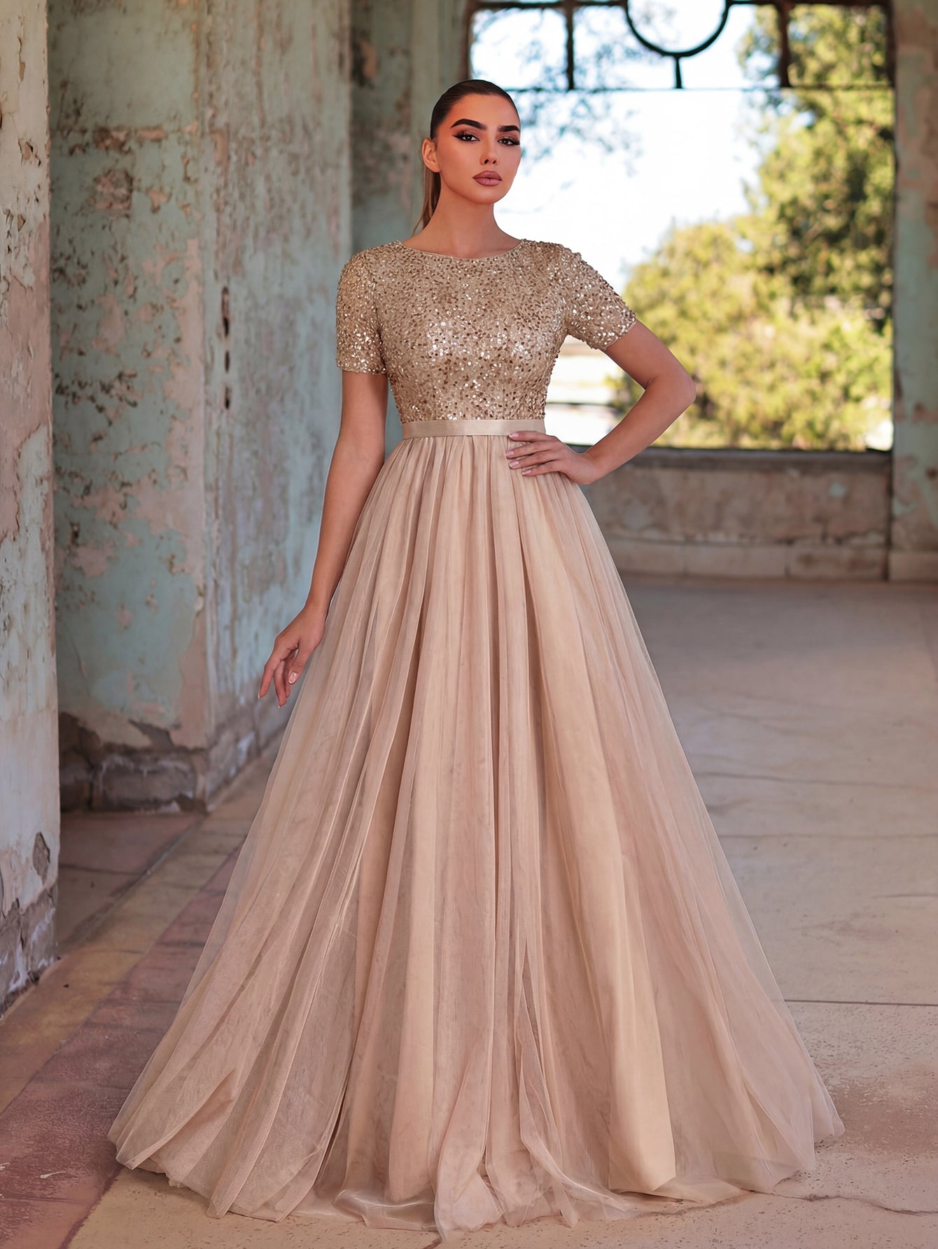 Additional product view of Tulle Skirt Boat-Neck Sequin A-Line Short-Sleeve Evening Gown