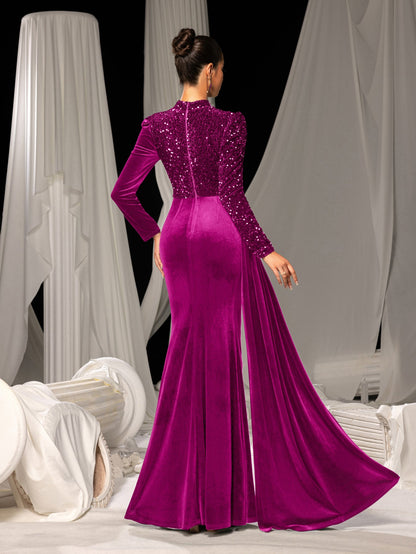 Elegant Velvet Evening Gown with Sequin Detail & Mermaid Silhouette – Luxury Bridal Wear for Weddings or High-End Events, XS-XL