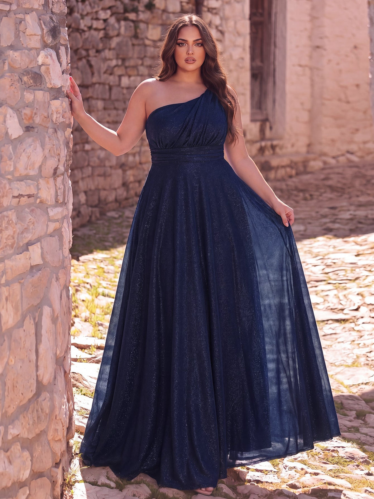 Additional product view of Backless Plus-Size One-Shoulder Chiffon A-Line Evening Gown