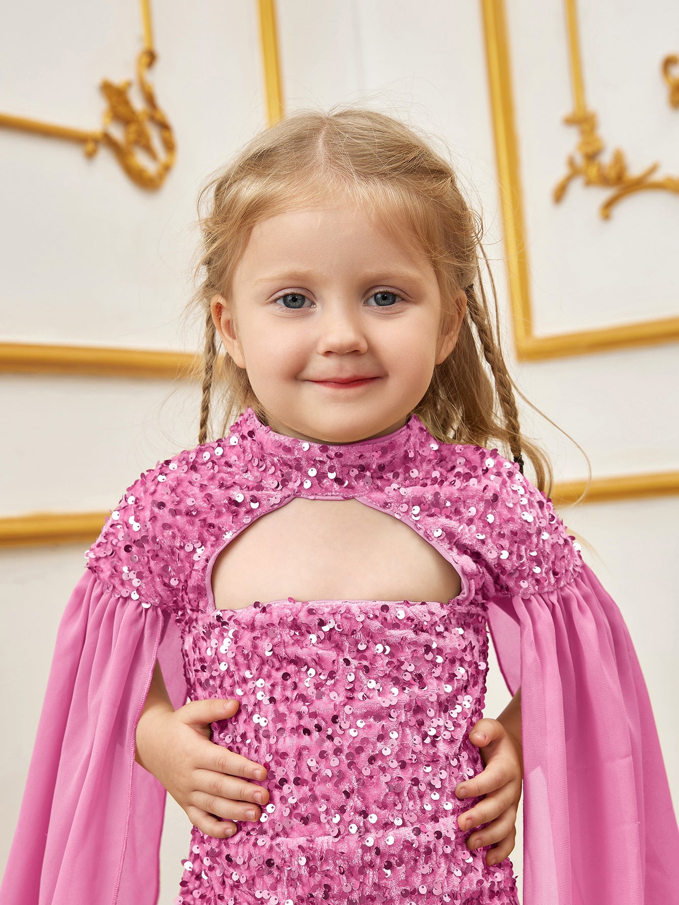 Additional product view of Cape-Sleeve Mock-Neck Sequin Mermaid Maxi Young Girls' Party Dress