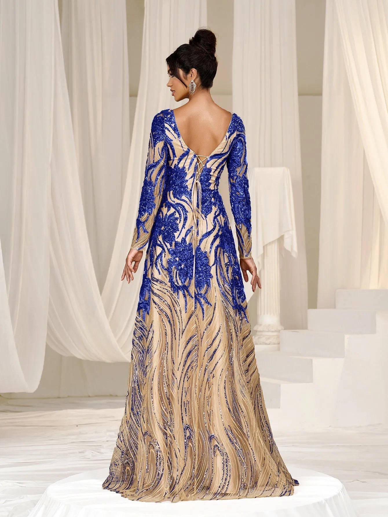 Elegant Plunging Neck Lace-up Back Graphic Sequin Formal Prom Dress