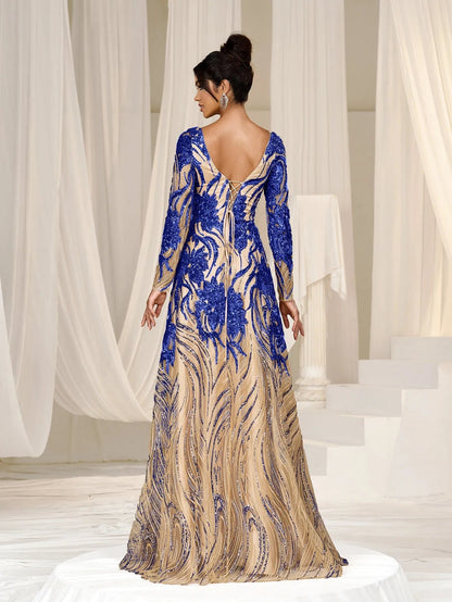 Elegant Plunging Neck Lace-up Back Graphic Sequin Formal Prom Dress