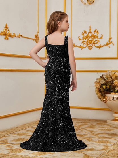 Additional product view of Mermaid Hem Square-Neck Sequin Sleeveless Maxi Tween Girls' Party Dress
