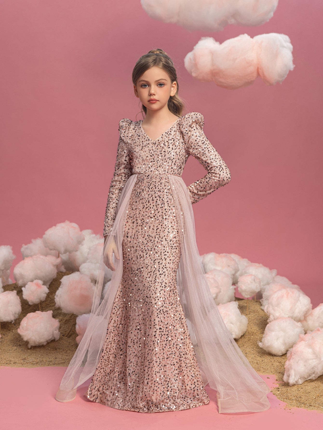 Additional product view of Mesh Overlay V-Neck Sequin Mermaid Long-Sleeve Tween Girls' Party Dress