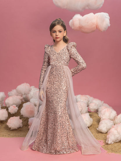 Additional product view of Mesh Overlay V-Neck Sequin Mermaid Long-Sleeve Tween Girls' Party Dress