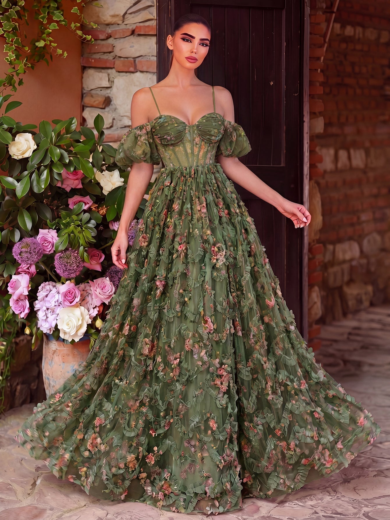 Floral Tulle Off Shoulder Cascading Ruffle Hem Slip Prom Dress