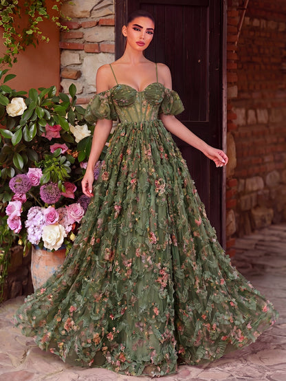 Floral Tulle Off Shoulder Cascading Ruffle Hem Slip Prom Dress