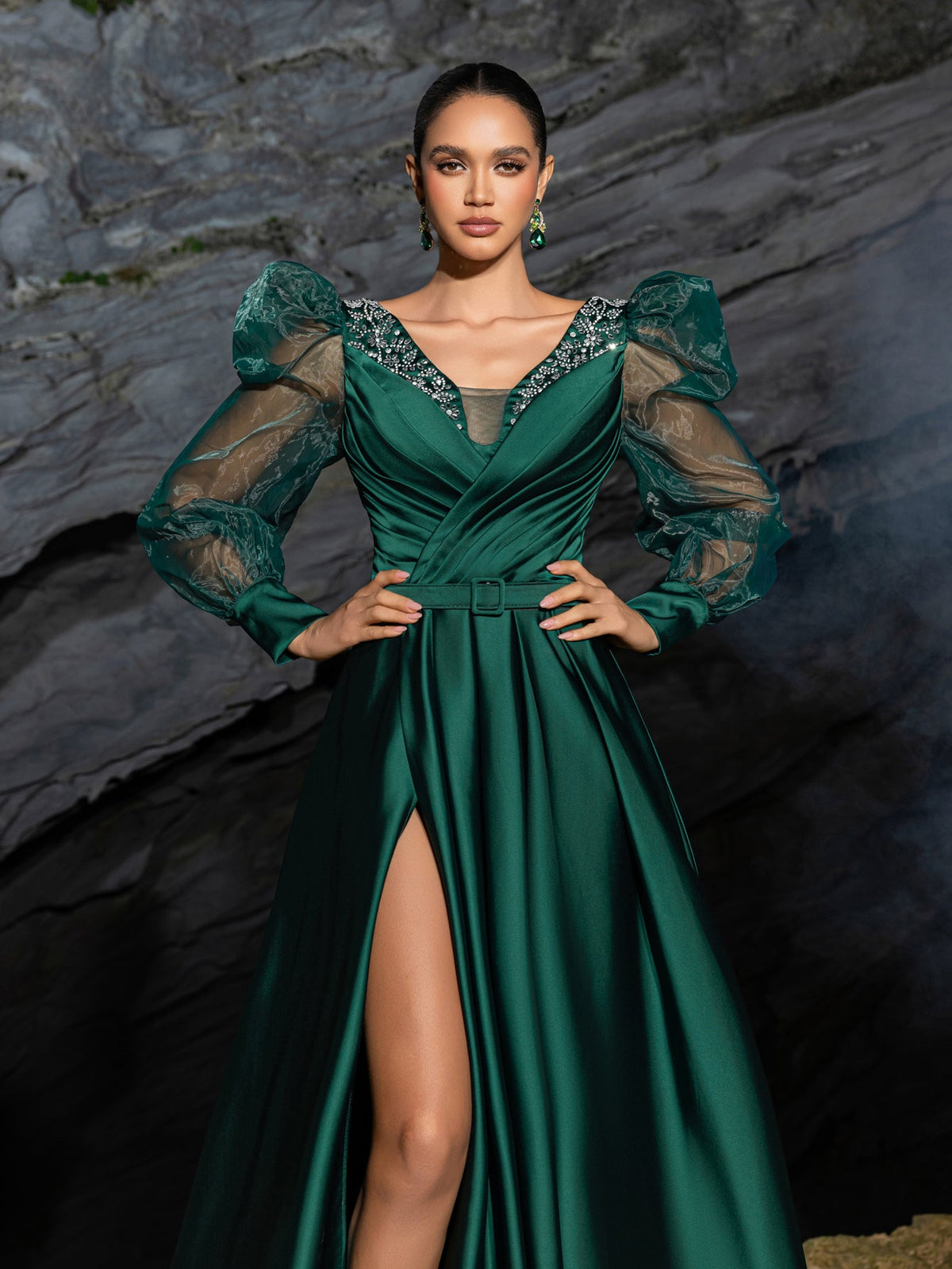 V-Neck Satin Puff-Sleeve A-Line Evening Gown — authorized product image 4