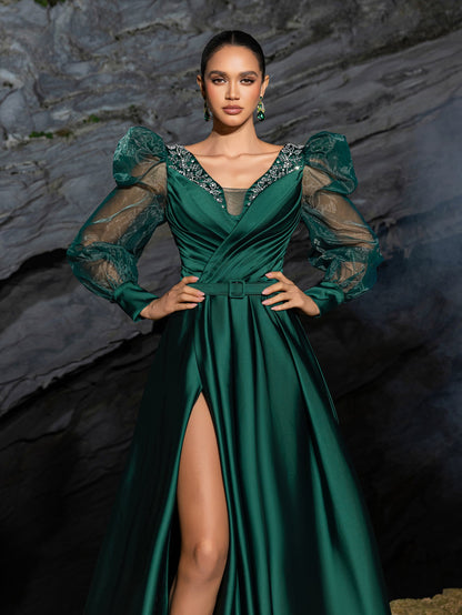 V-Neck Satin Puff-Sleeve A-Line Evening Gown — authorized product image 4