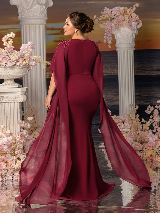 Additional product view of Floral Appliqué Plus-Size Chiffon Long-Sleeve Mermaid Mother-of-the-Bride Dress